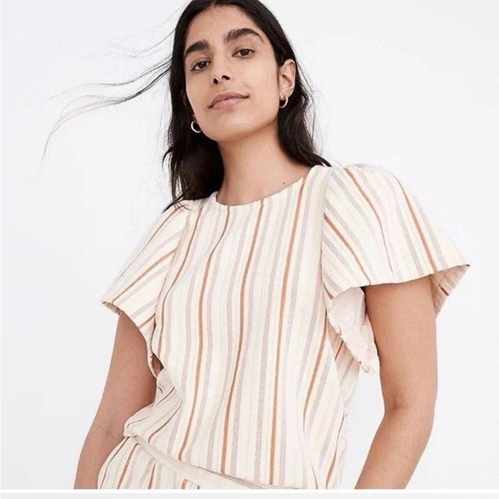 Madewell Multicolor Cream Striped Puff Sleeve Blouse Women’s flutter sleeve top